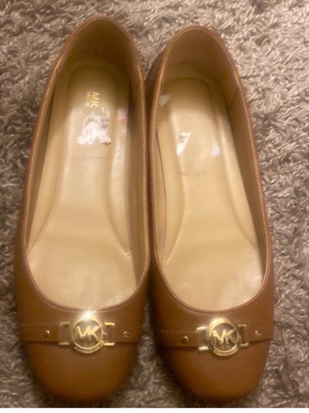 Michael Kors Tan Leather Logo Round-Toe Flats